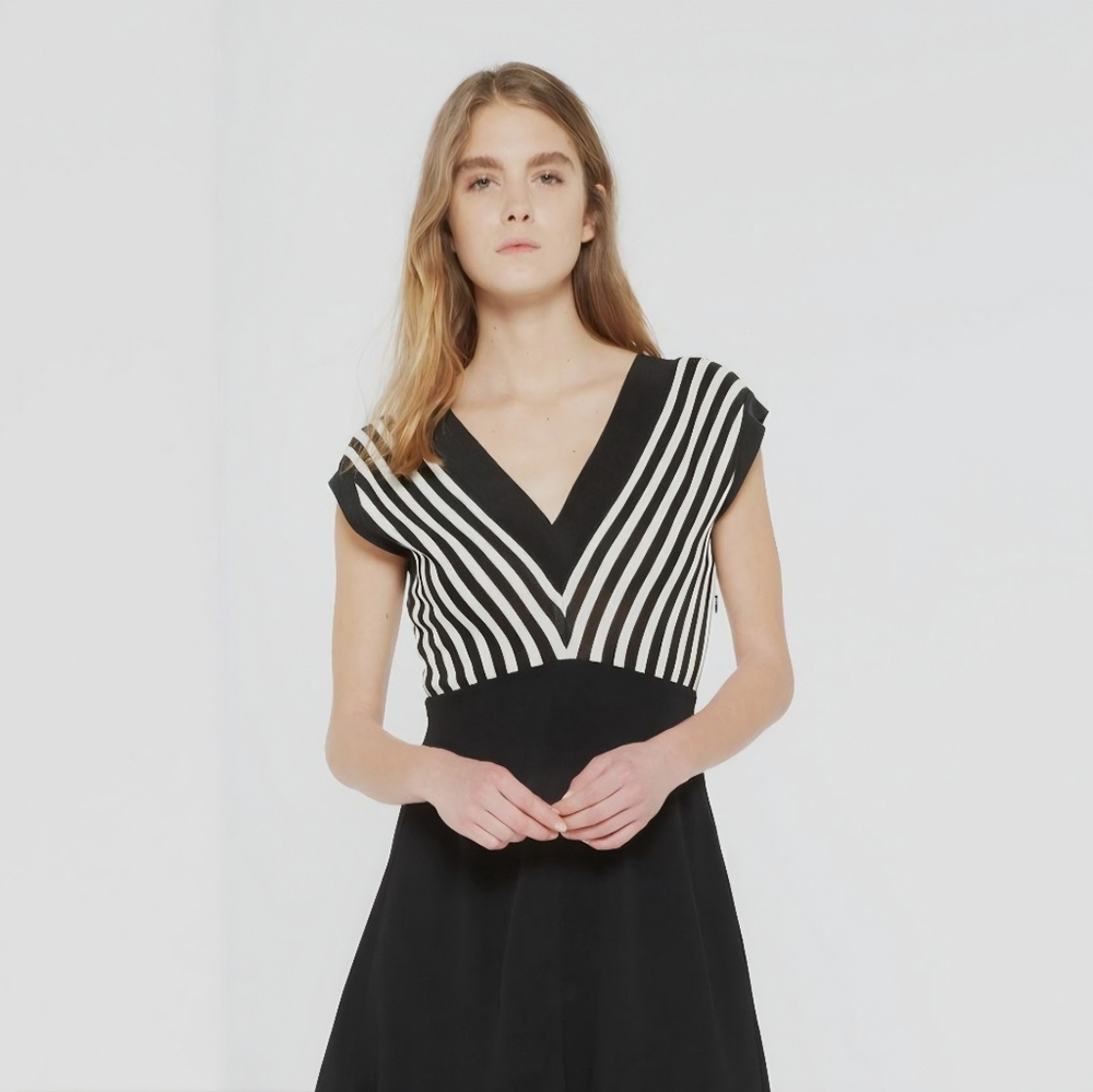 Sandro Black and White V-Neck Mini Dress